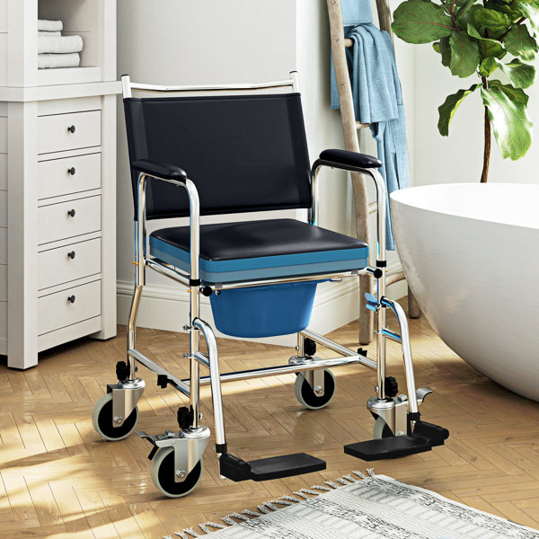 HomCom Rolling Shower Chair With Wheels, Bedside Commode Wheelchair With Padded Seat, Backrest ...